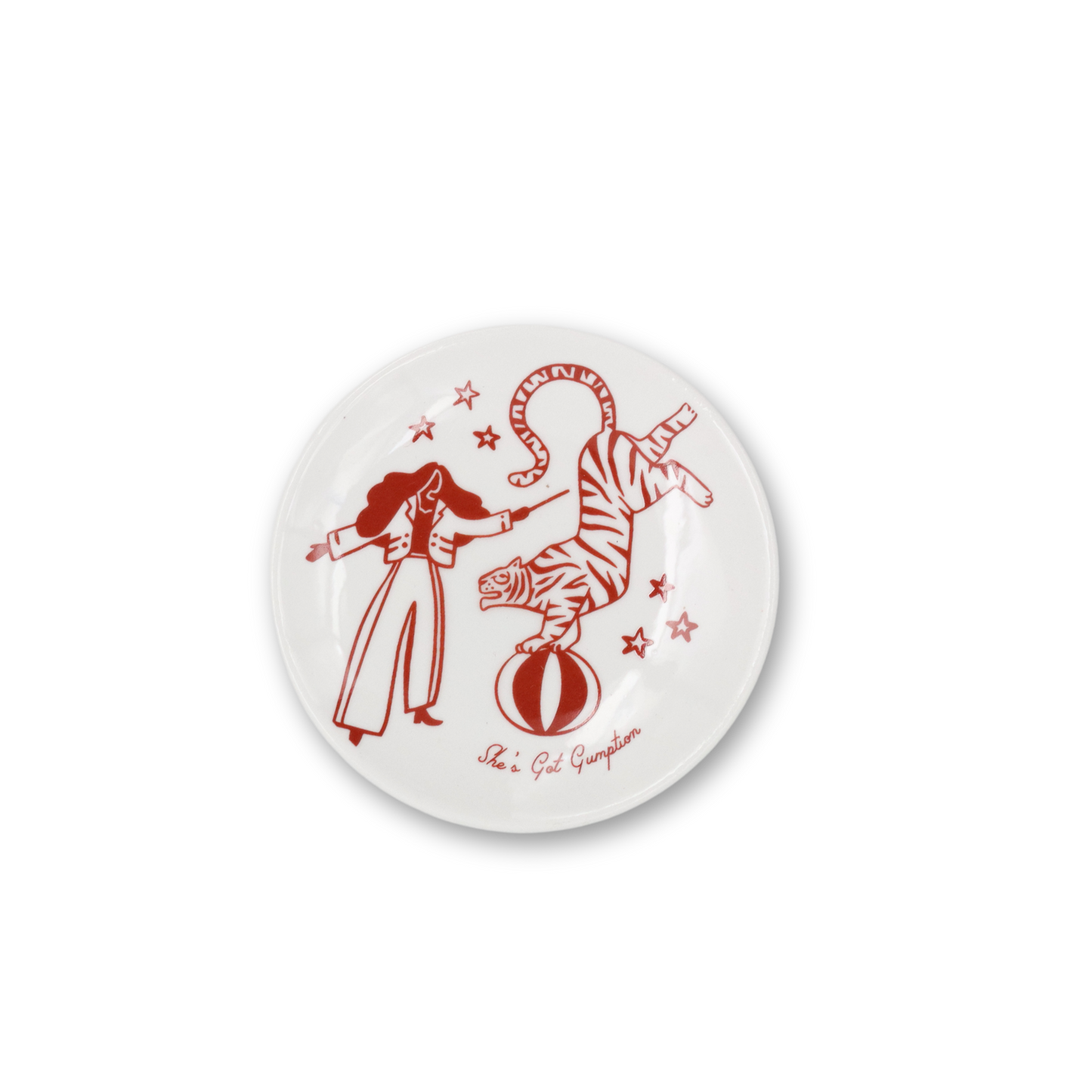 Round white plate with red circus-themed design featuring a performer and tiger on a white background