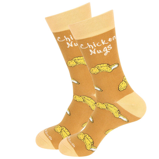 Pair of socks with chicken nugget design and 'Chicken Nugs' text on a white background