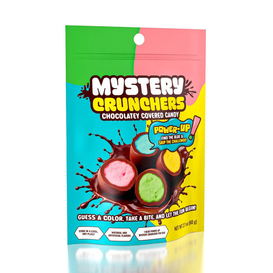 'mystery crunchers' bagged candy on a white background