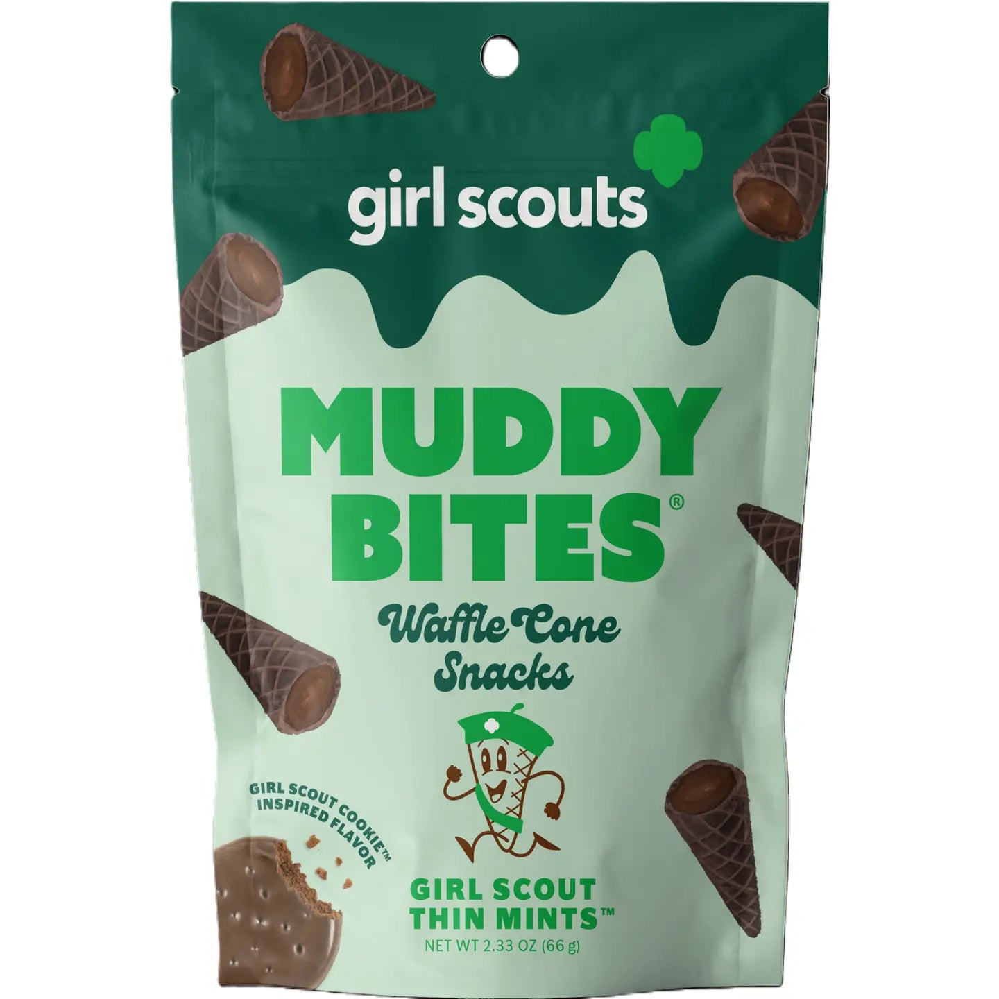 A package of Girl Scout Thin Mint Muddy Bites featuring mini chocolate waffle cone snacks. The packaging is green with images of the cones and the Girl Scout logo.