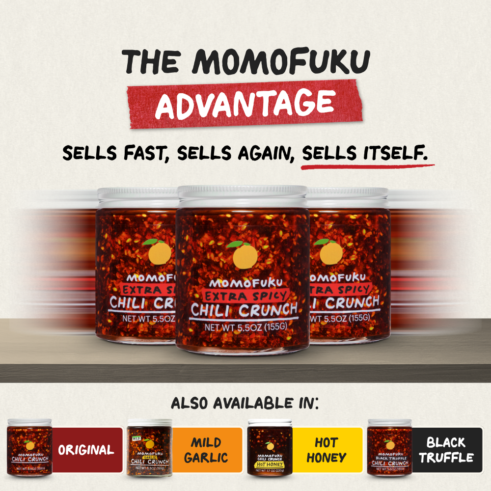 Momofuku chili crunch jars with text about the brand's advantage on a white background