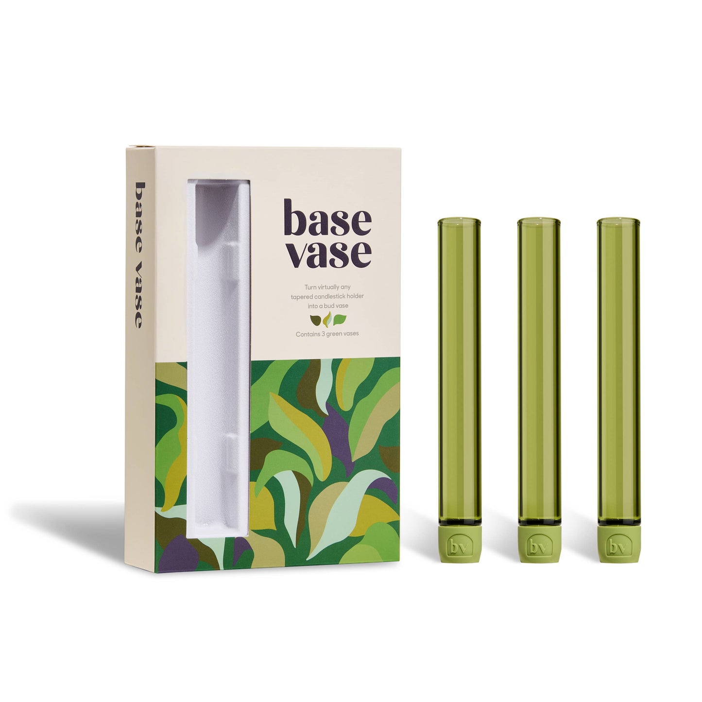 Green vapes with packaging labeled 'base vase' on a white background