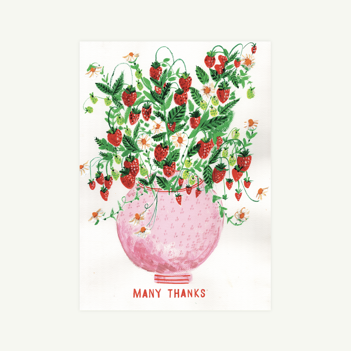 Card with a pink vase filled with strawberries and the text 'Many Thanks' on a white background
