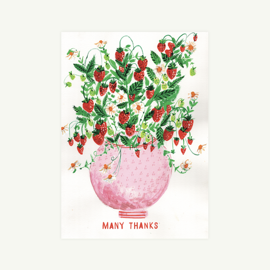 Card with a pink vase filled with strawberries and the text 'Many Thanks' on a white background