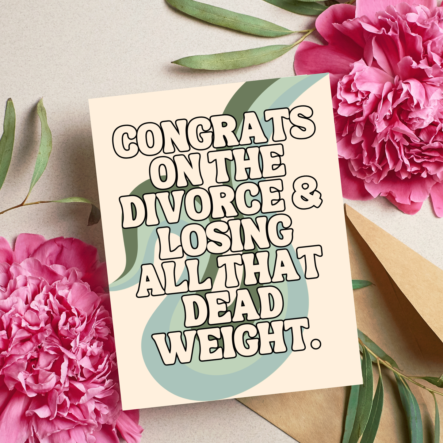 Card with humorous text surrounded by pink flowers and green leaves