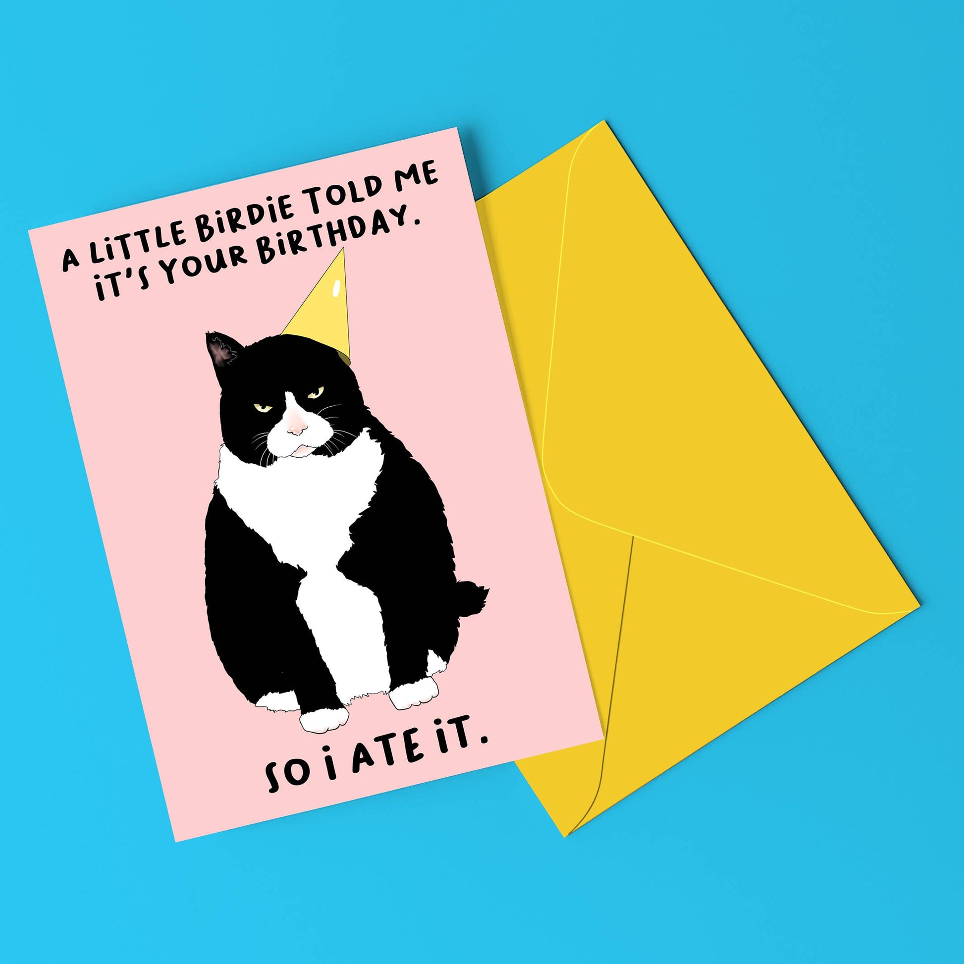 Birthday card with a cat illustration and humorous text on a pink background, featuring a yellow envelope.