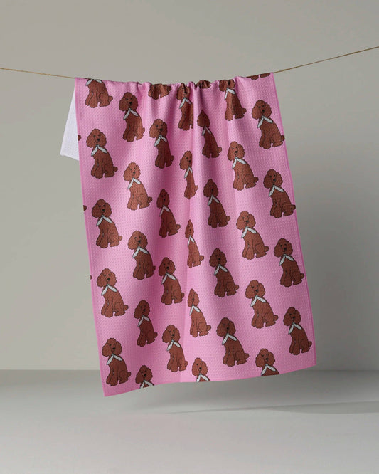 Geometry Tea Towel-Poodle Parade,Brown Poodles