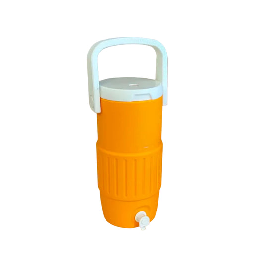 Orange water coolers with white handles on a wooden surface.