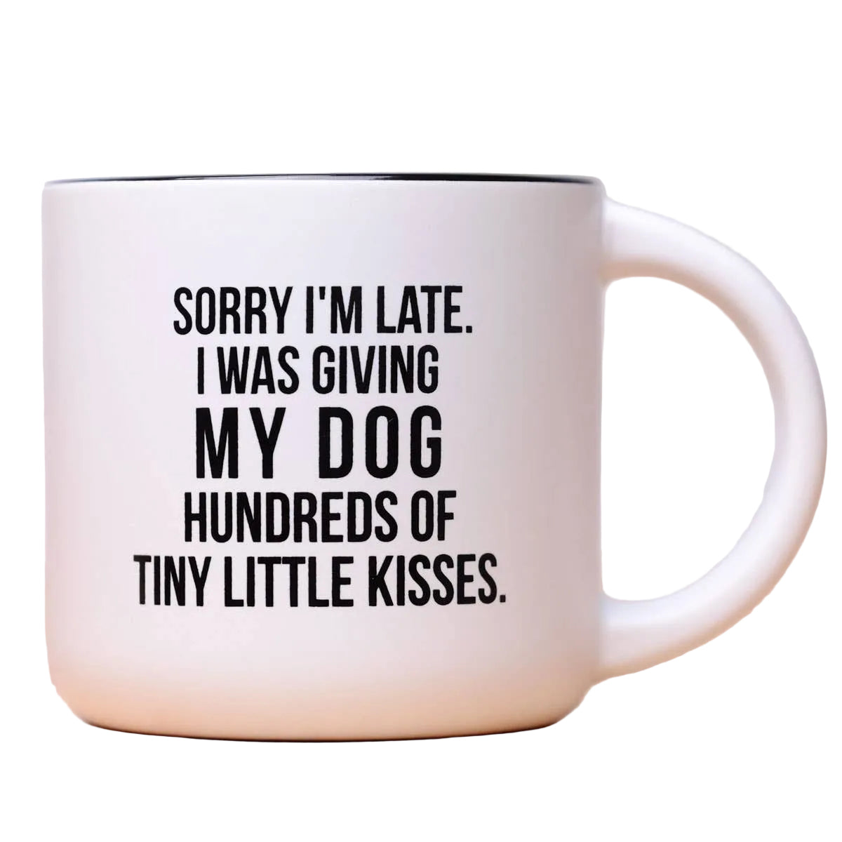 White mug with black text on a light background