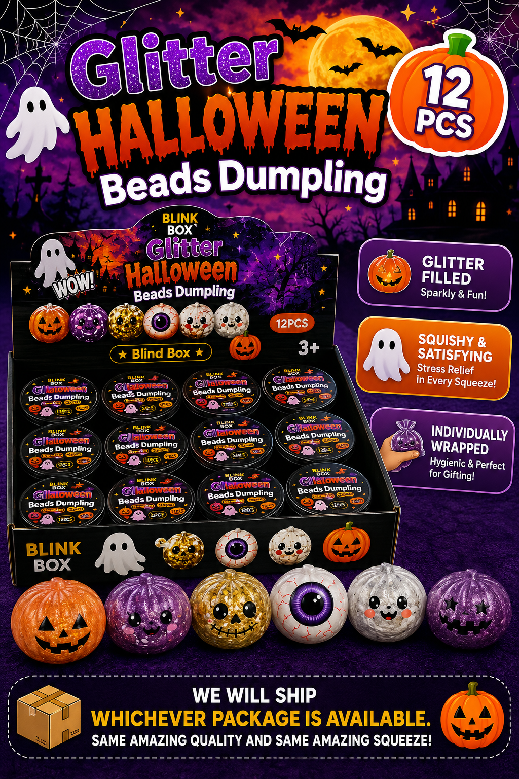 Promotional graphic for a Halloween-themed glitter bead dumpling set, showing a black blind box labeled 'Blink Box Glitter Halloween Beads Dumpling' with multiple round bead packages inside, plus several example bead designs displayed in front. The design includes spooky Halloween graphics such as pumpkins, ghosts, bats, and a full moon, with text including 'Glitter Halloween Beads Dumpling', '12 PCS', and shipping claims.