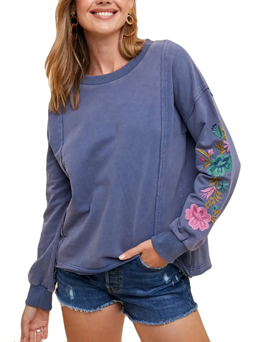 Mineral Washed Floral Embroidered Sleeve Top