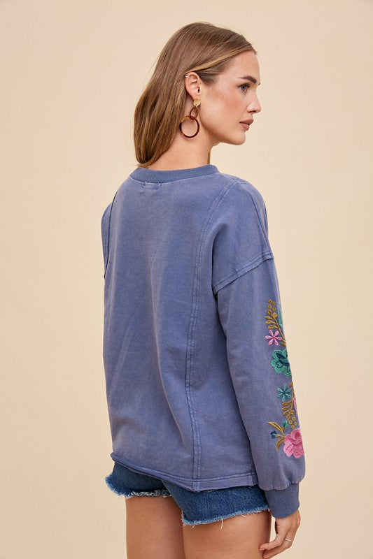 Mineral Washed Floral Embroidered Sleeve Top