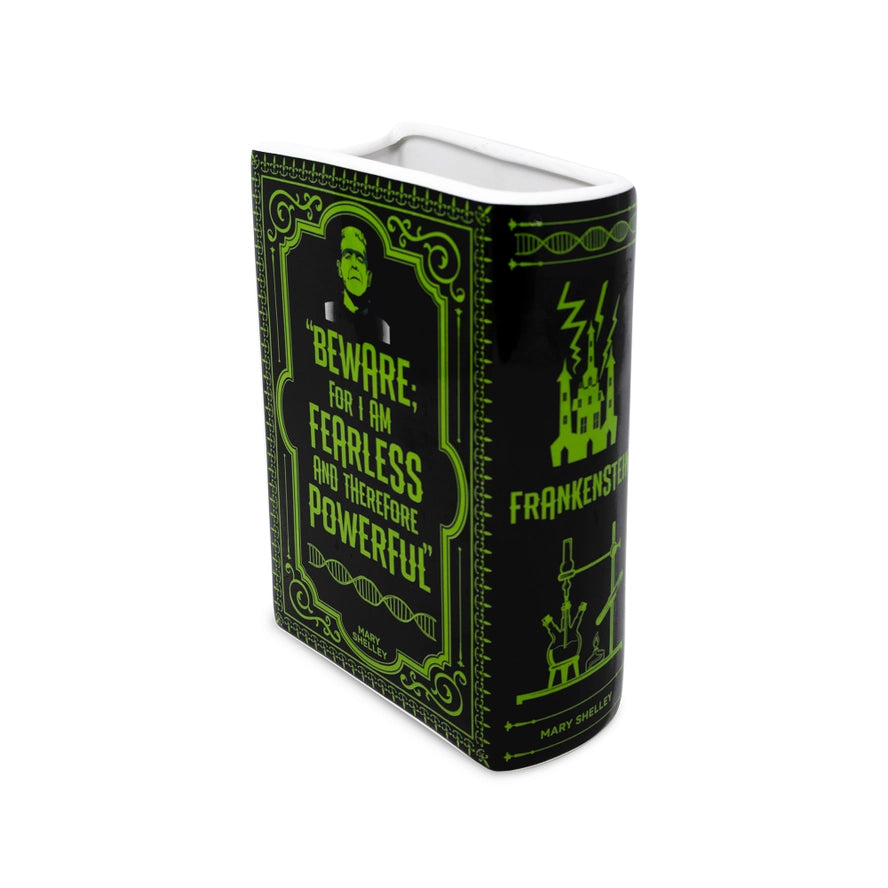 Book-shaped container with green text and graphics on a white background
