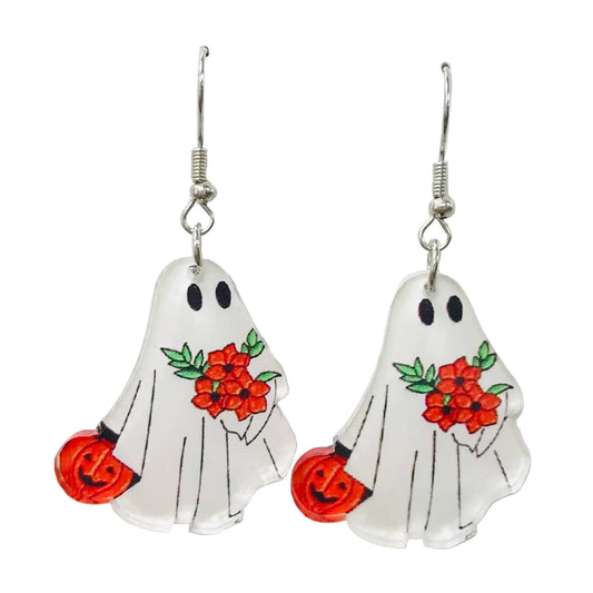 Acrylic Ghost with Flowers Earrings