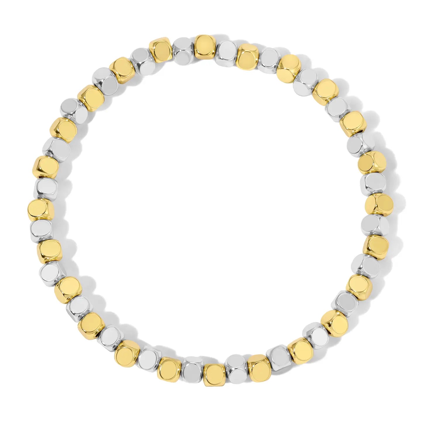 Bracelet with alternating gold and silver beads on a white background