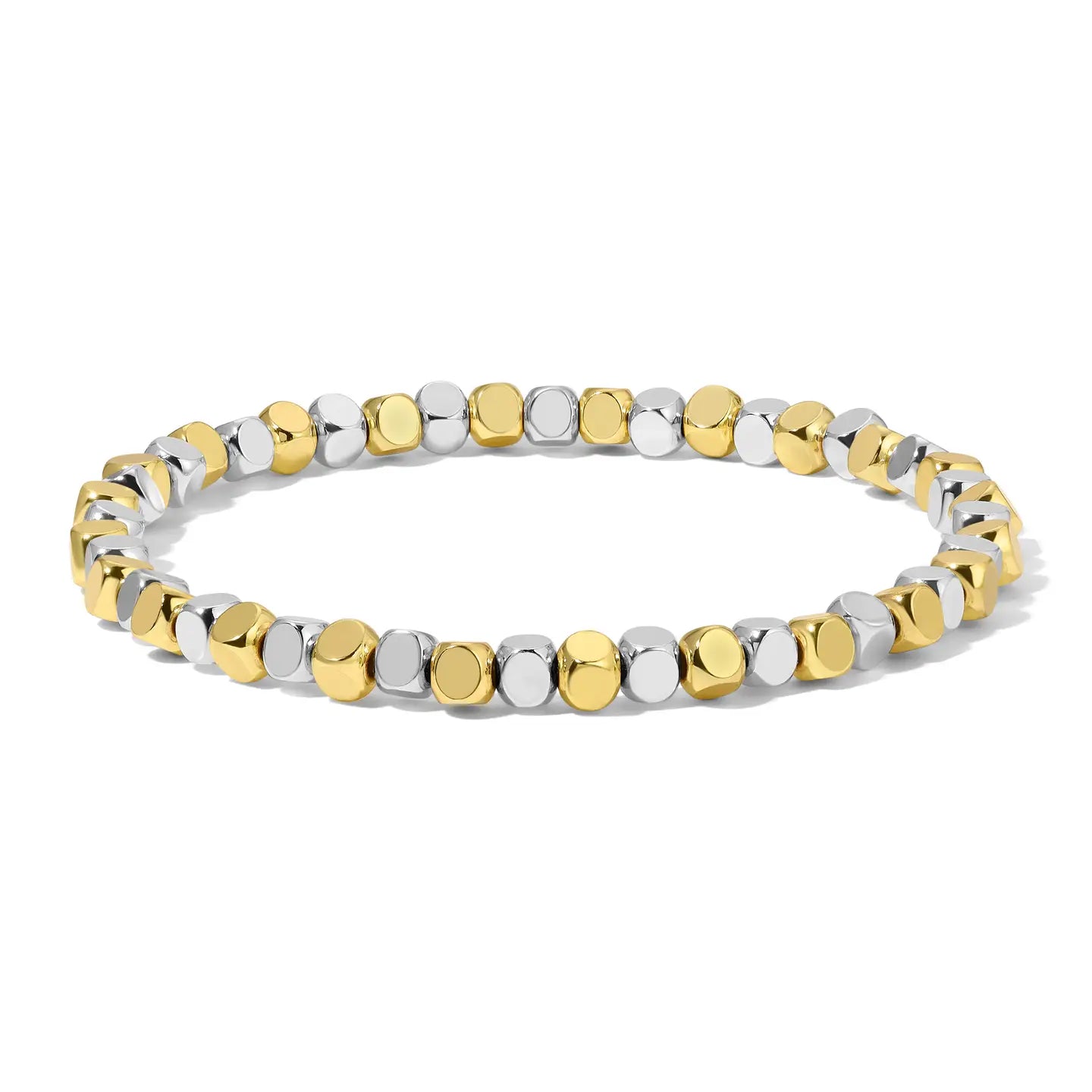 Two-tone gold and silver beaded bracelet on a white background