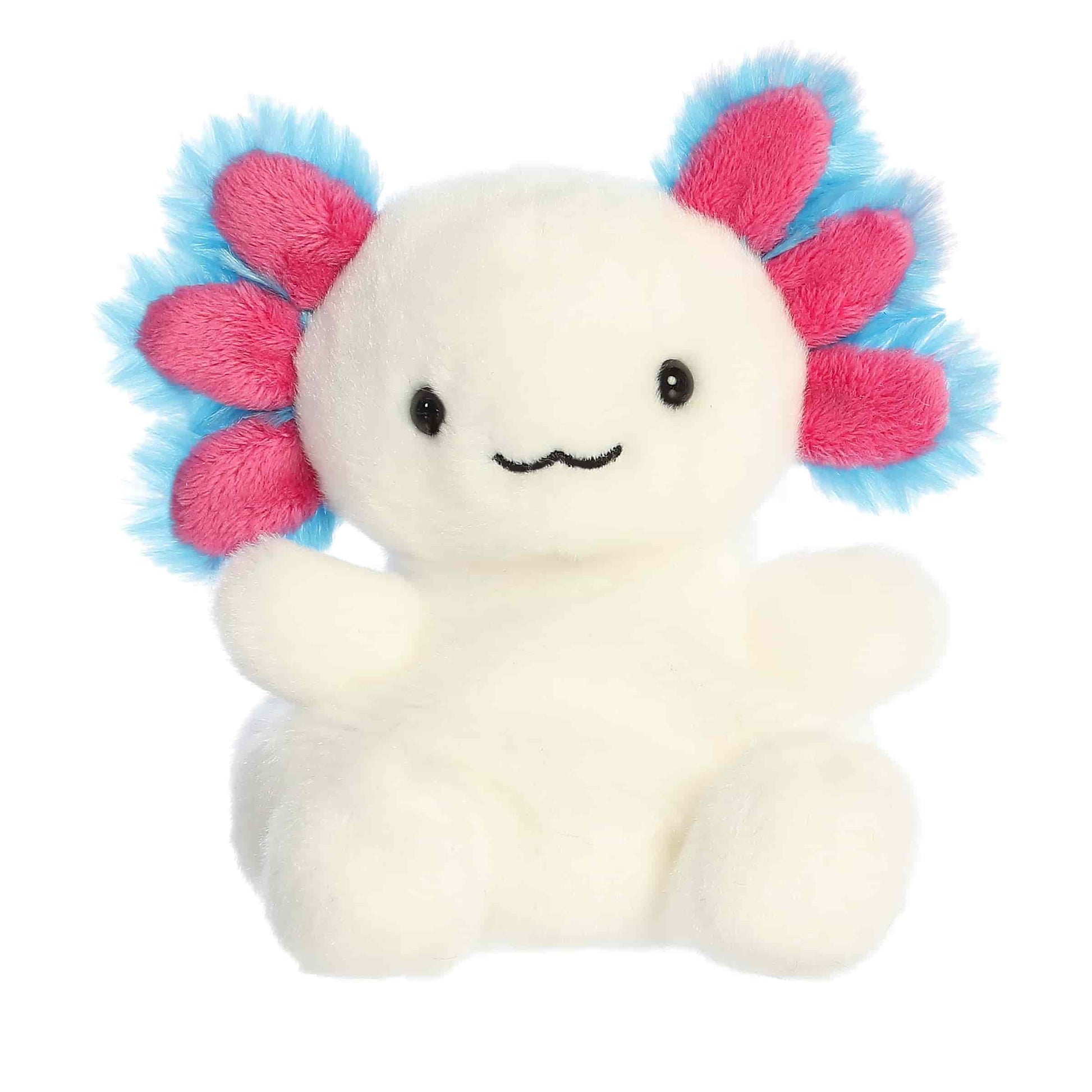 Plush toy resembling an axolotl with pink and blue 'hair' on a white background