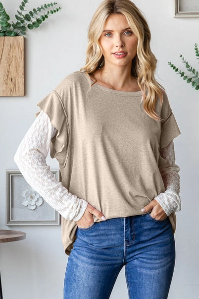 Lace Sleeve,Ruffle Shoulder Top