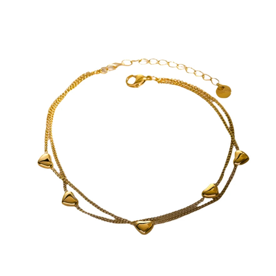 18K Gold Non-Tarnish Layered Heart Anklet