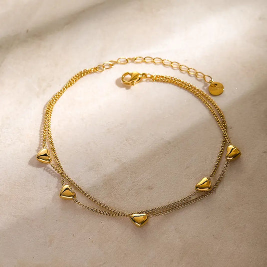 18K Gold Non-Tarnish Layered Heart Anklet