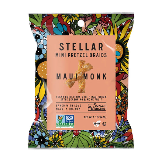 Packaging of Stellar Mini Pretzel Breads with colorful floral design