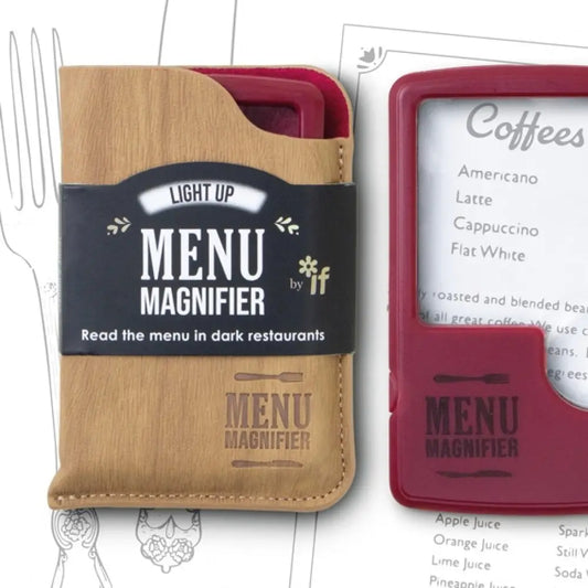 Menu Magnifier with wooden cover and red magnifying glass on a white background