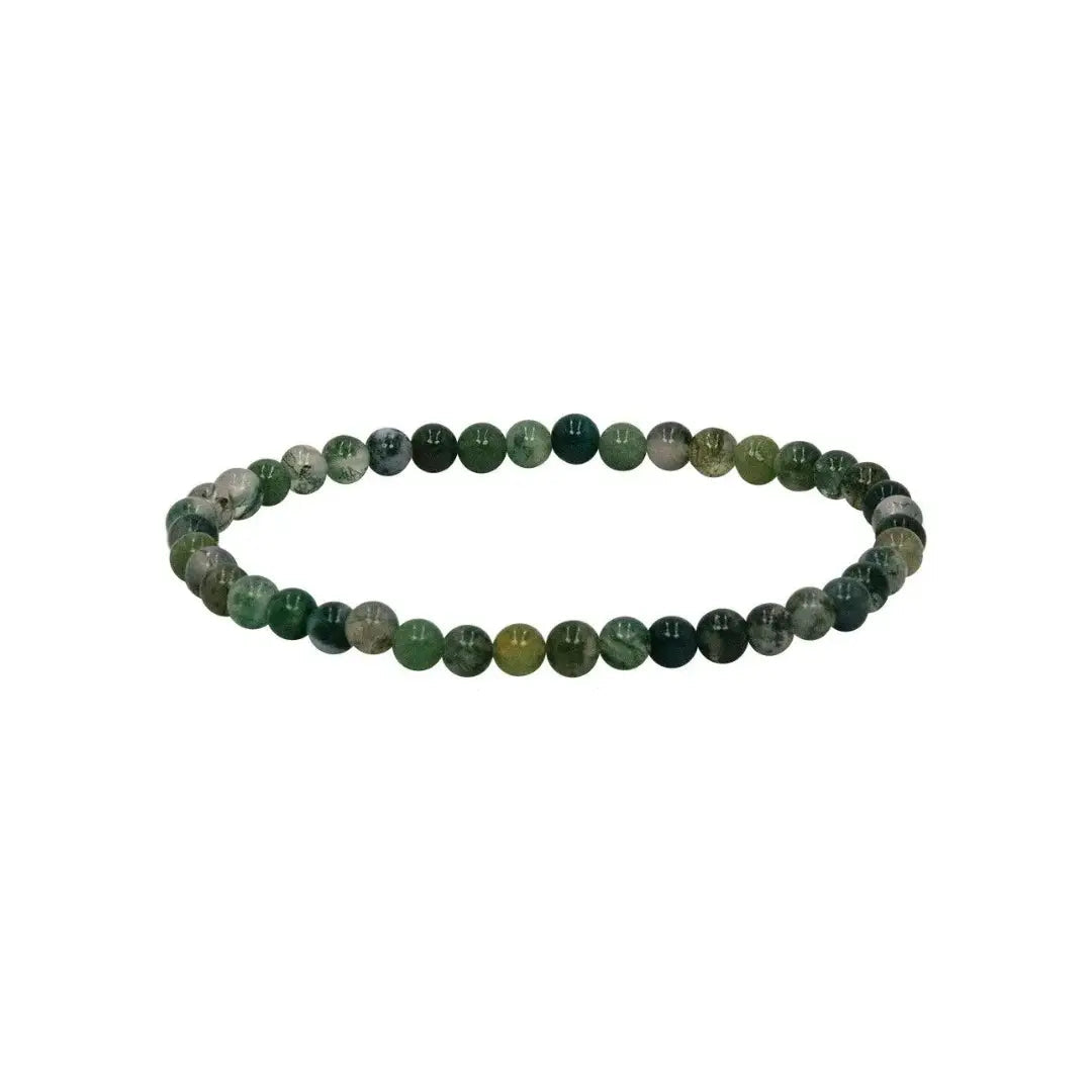 Moss agate beaded bracelet on a white background