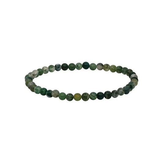 Moss agate beaded bracelet on a white background