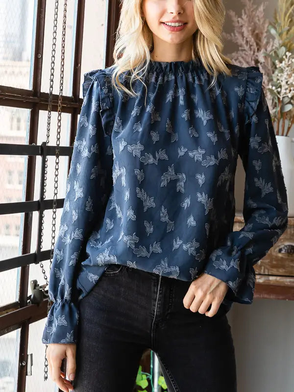 Vintage Navy Jacquard Floral Blouse