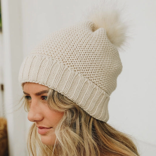 Chunky Knit Pom Pom Beanie with Faux Sherpa Lining (choose color)
