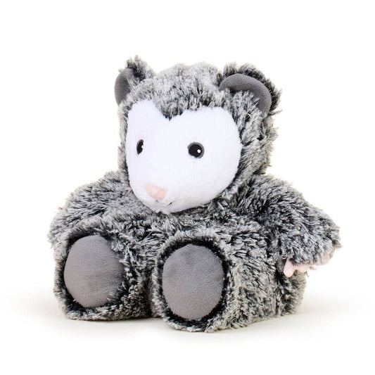 Plush toy shaped like a gray and white creature on a white background
