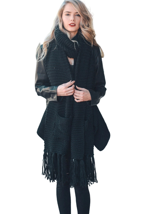 Oversized Two Pocket Tassel Scarf-Black