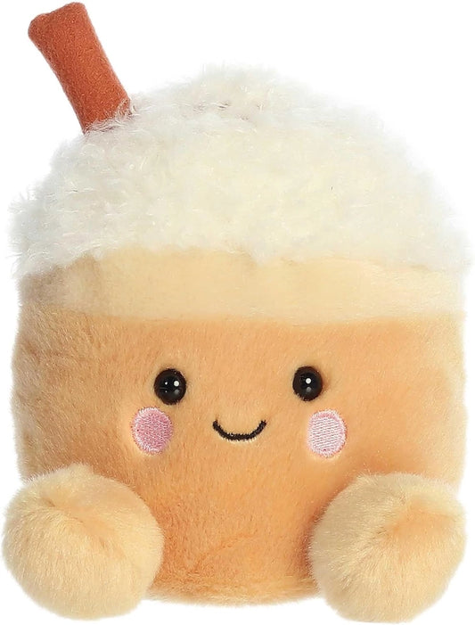 Plush toy resembling a pumpkin spice latte with A cinnamon stick and a smiley face
