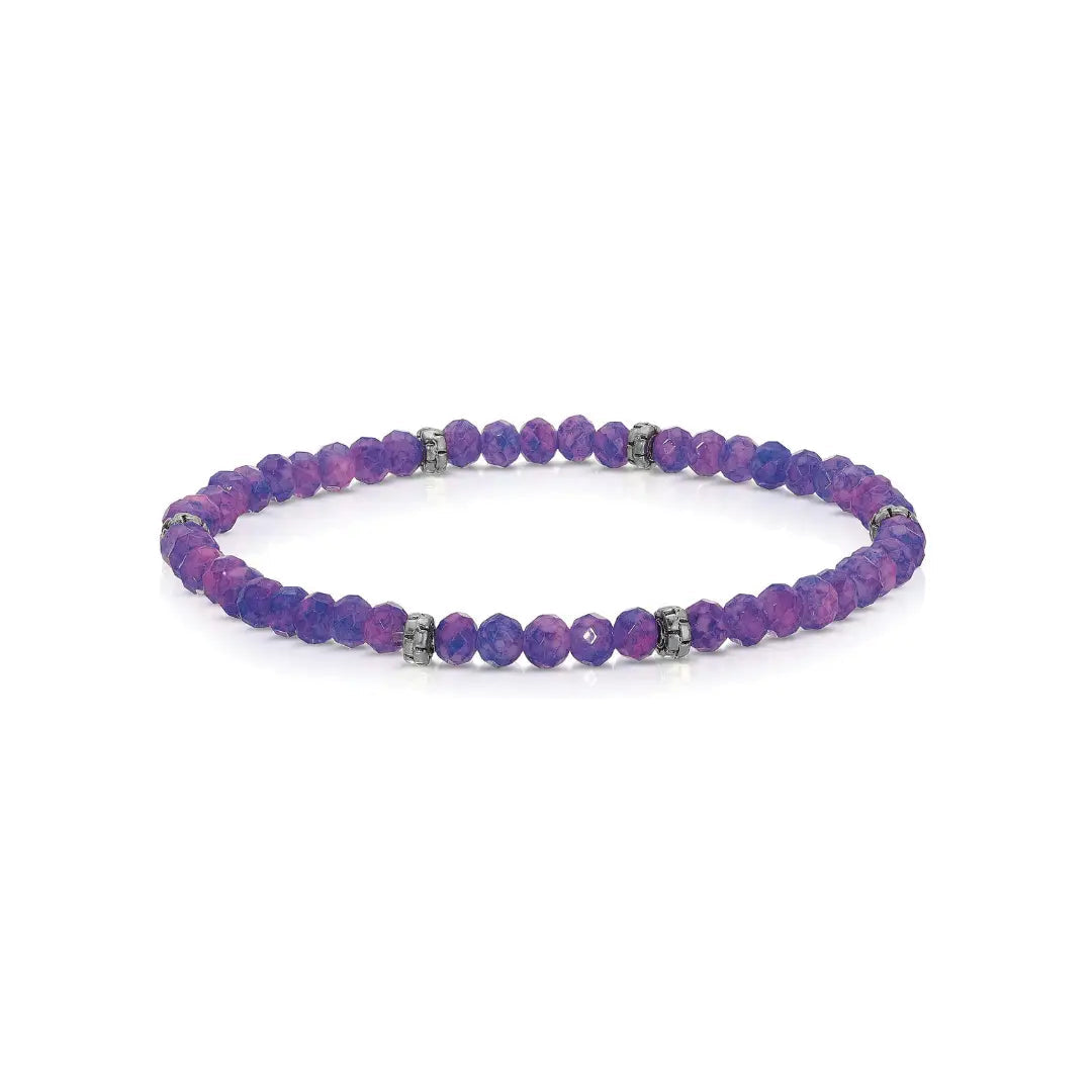 Purple-Pink Tie-dye bracelet with silver accents on a white background