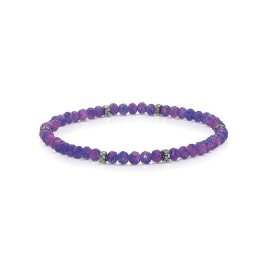 Purple-Pink Tie-dye bracelet with silver accents on a white background