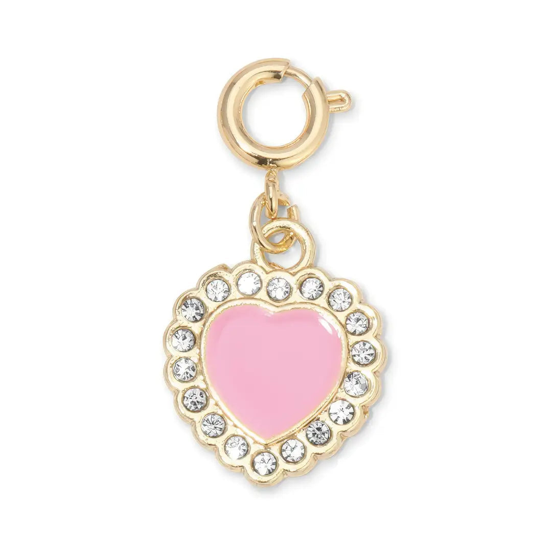Heart-shaped charm with pink center and rhinestone gold border on a white background