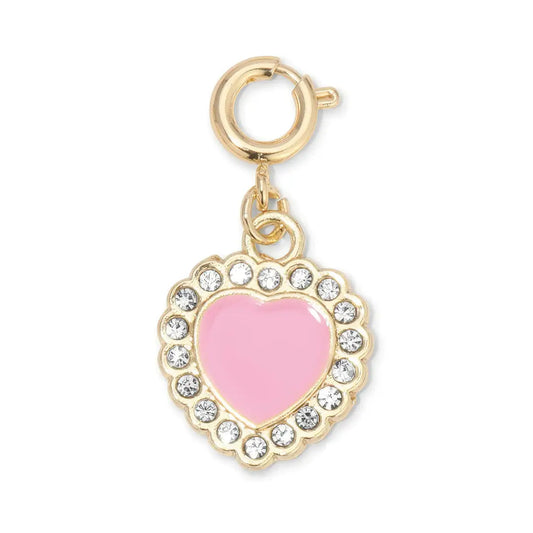 Heart-shaped charm with pink center and rhinestone gold border on a white background