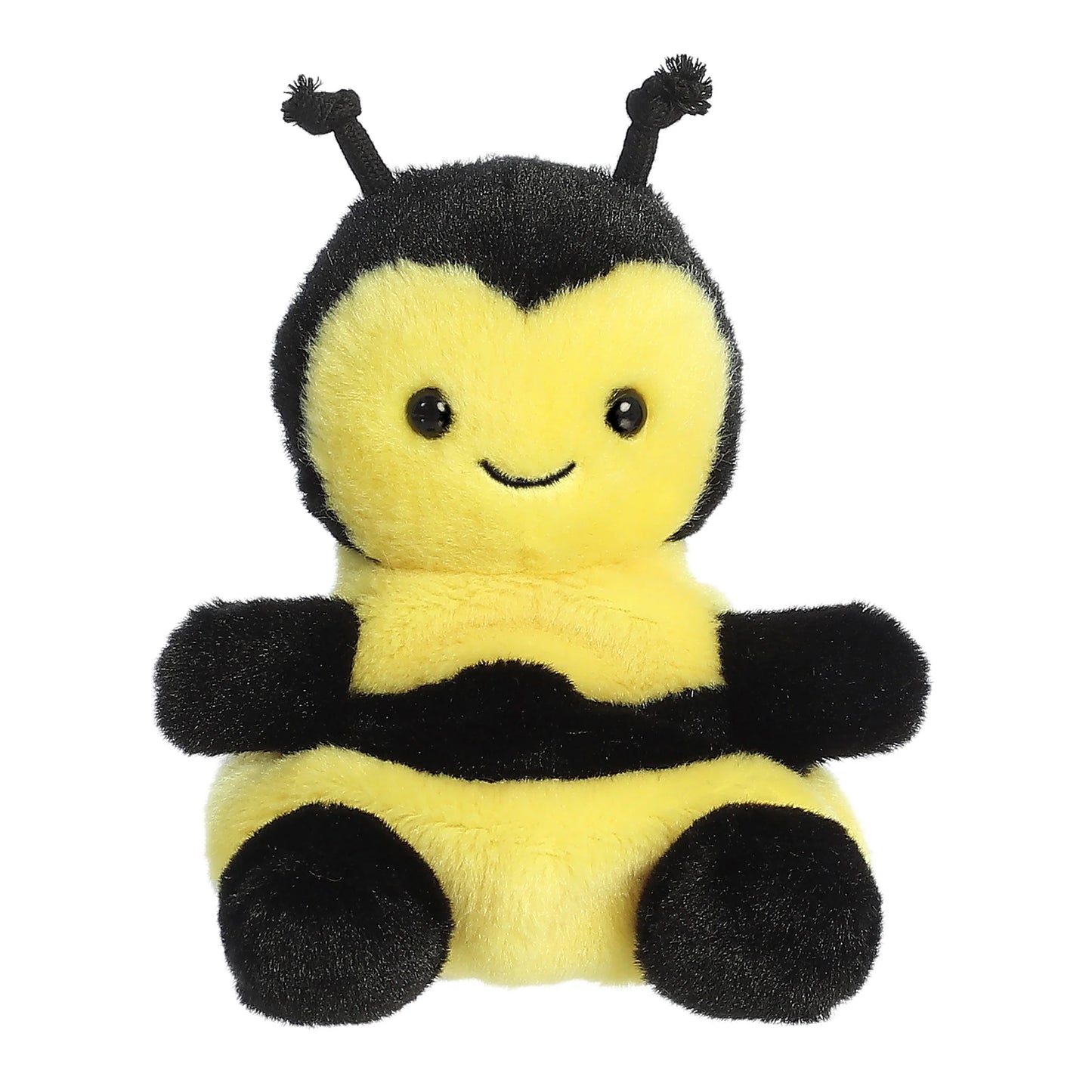 Plush bee toy with a smiling face on a white background
