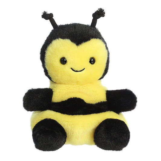 Plush bee toy with a smiling face on a white background