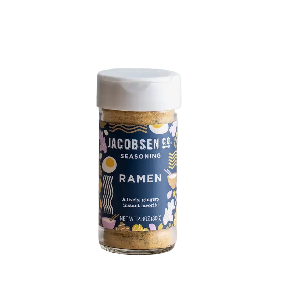 Jar of Jacobsen Co. Ramen seasoning on a light surface with a white background