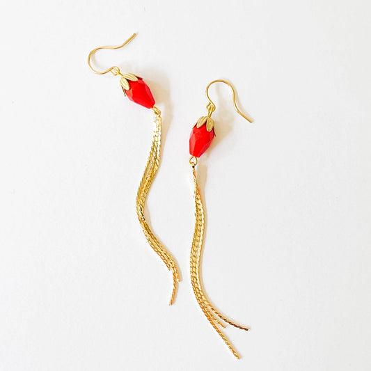 Long Red Gold Chain Tassel Earrings