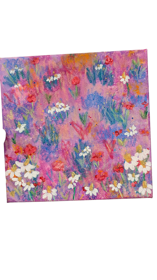 Painting of flowers in a field with pink, blue, red, orange, and white. 