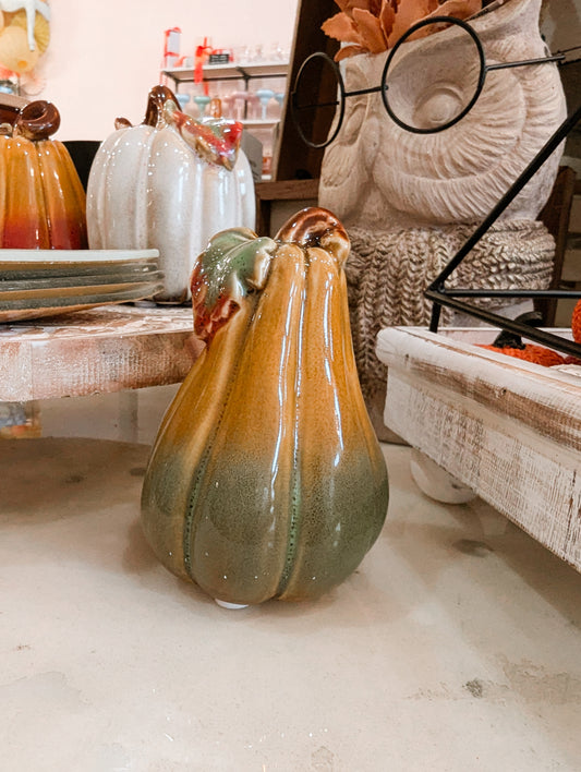 Caramel and Green Ceramic Pumpkin with Leaf Detail