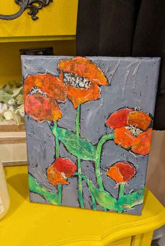 Artistic depiction of flowers on a textured surface with a yellow cabinet in the background.