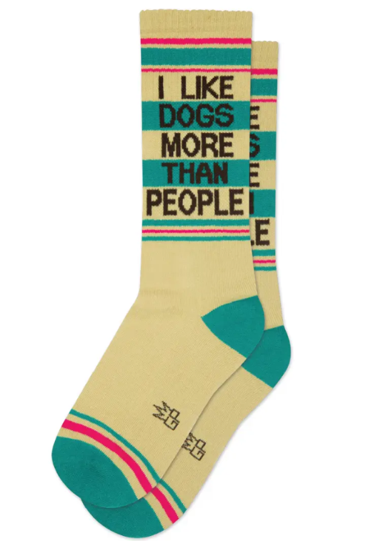 Beige sock with text 'I LIKE DOGS MORE THAN PEOPLE' on a white background