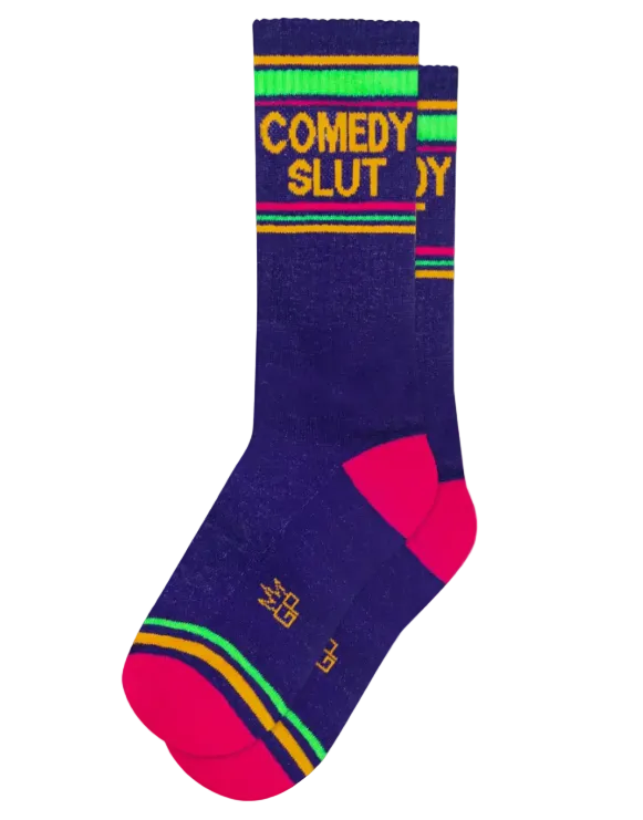 Colorful sock with 'Comedy Slut' text on a white background