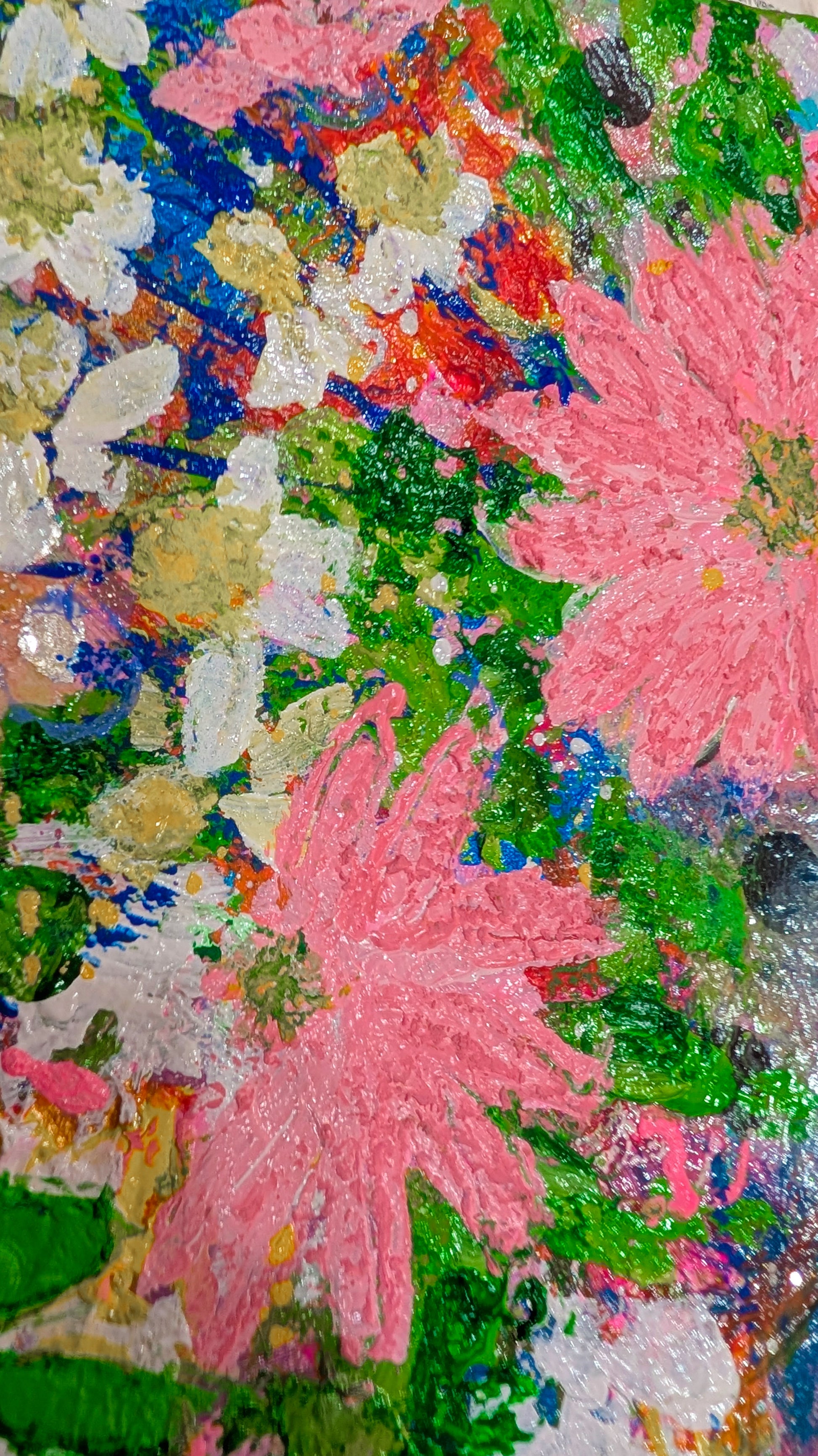 Colorful abstract art with pink, green, and blue hues