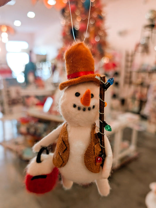 Fishing Snowman Felted Ornament