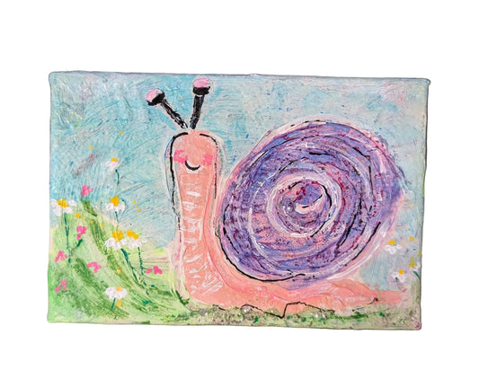 Colorful artists' rendering of a snail on a textured surface