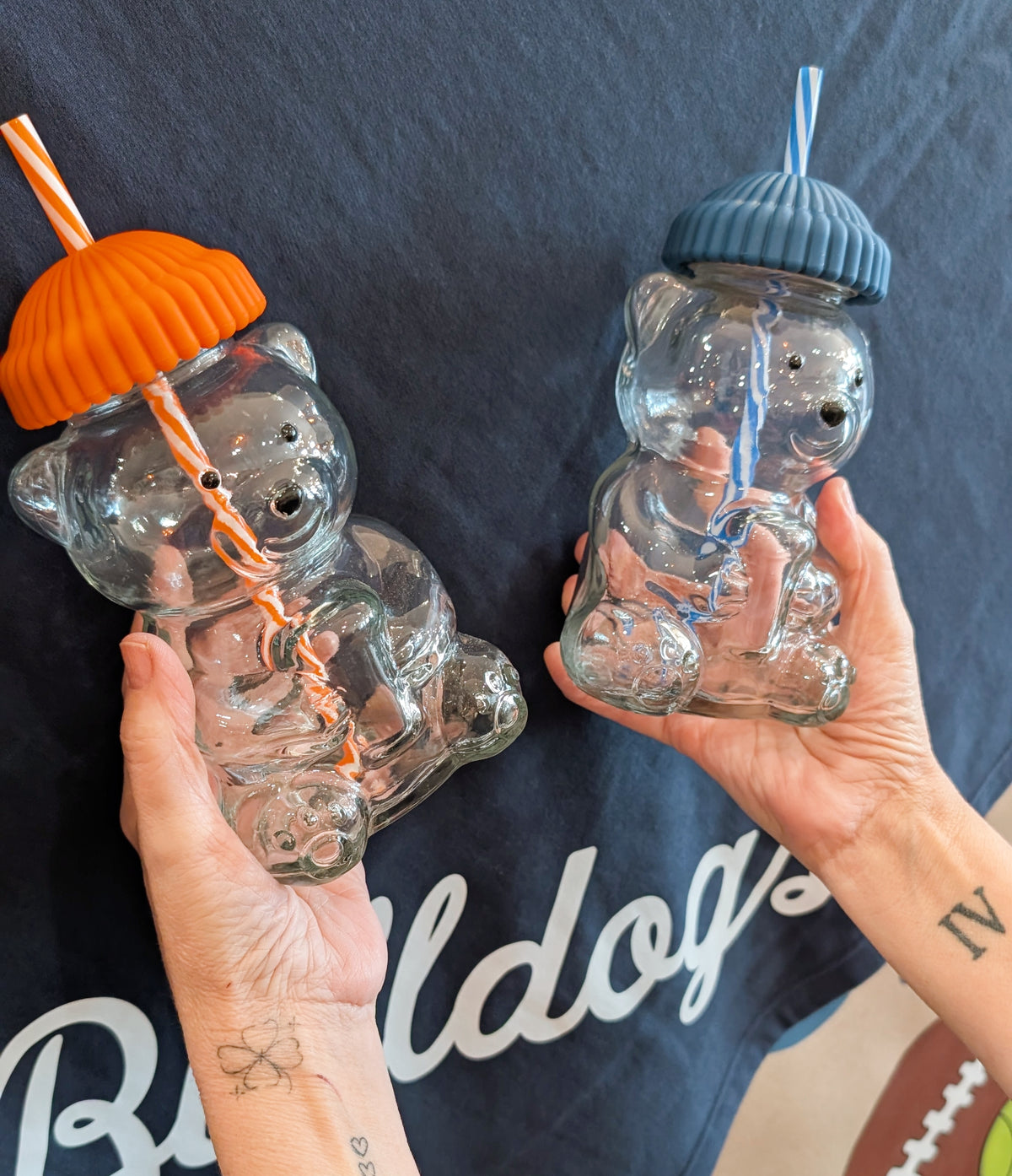 Teddy Bear Glass Sipper Orange/Blue